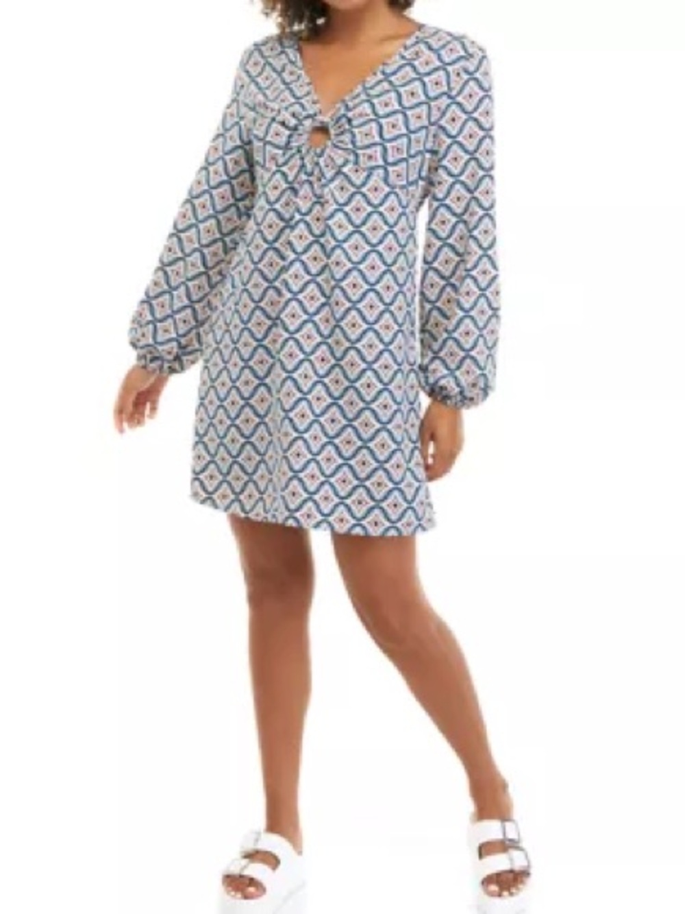 Patterned geometric o-ring Long Sleeve Mini Dress blue White hippie boho artsy